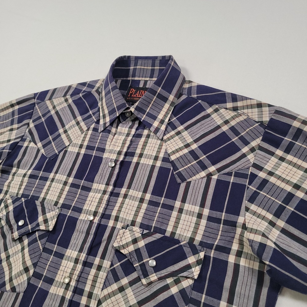 Plains Western Wear Men Western Shirt Small S‎ Blue Plaid Snap Button Cowboy